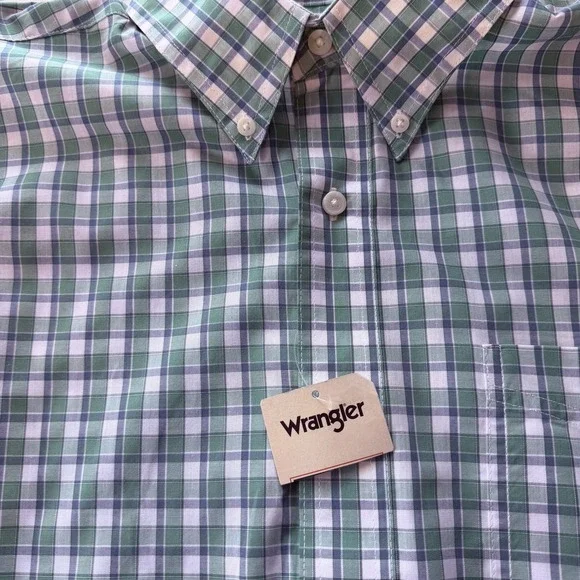 New Wrangler Riata Classic Grn Plaid Long Sleeve Button Down Shirt Men's Large - Picture 4 of 7